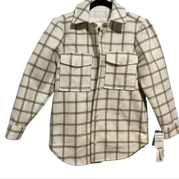 Women’s Treasure & Bond Plaid Puff Sleeve Shacket Shirt Jacket Ivory XS NWT - Picture 2 of 13